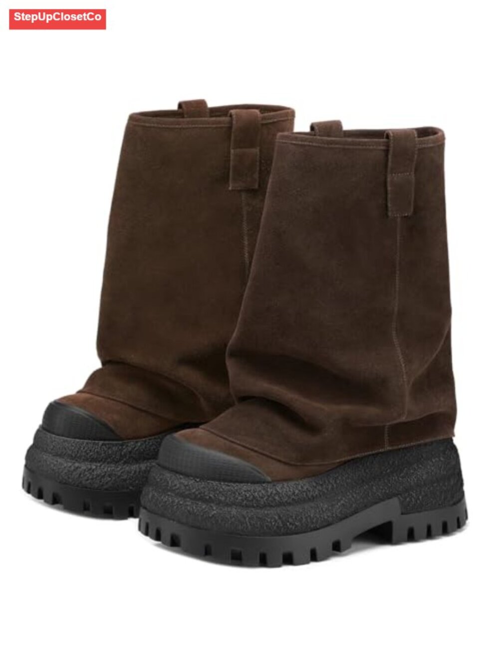 Suede Slouched Ruched Fold Over Wide Calf Platform Chunky Heel Mid Calf Boots